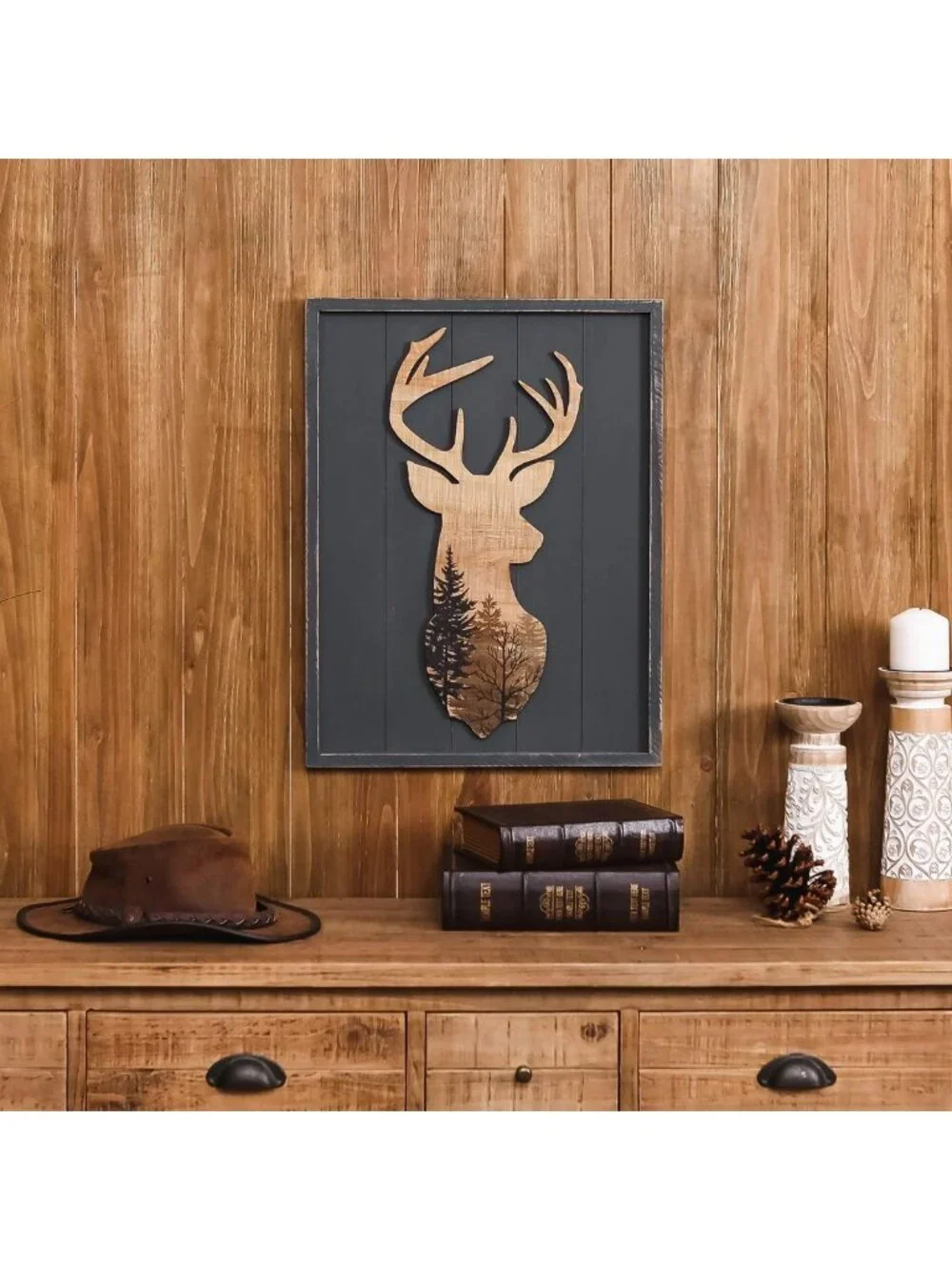 Rustic Deer Wall Art Print - Framed Woodland Cabin Decor for Bathroom, 16x21